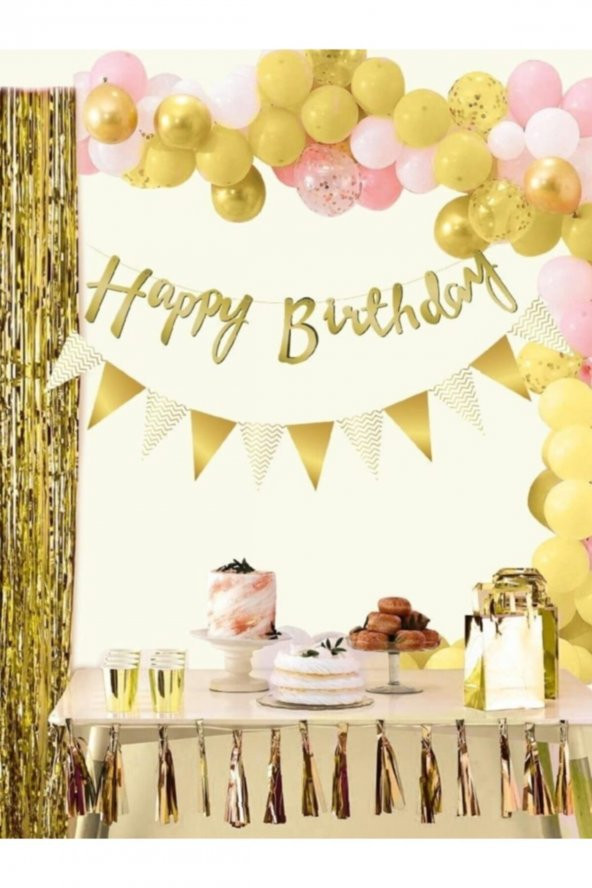 Happy Birthday Gold Kaligrafi Banner Ve Üçgen Flama Set