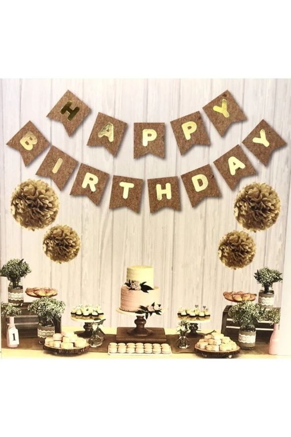 Kraft Karton Üstüne Gold Altın Sarısı Happy Birthday Yazılı Yaldızlı Banner