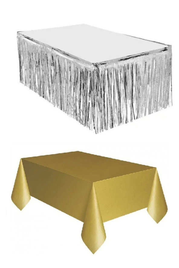 Gümüş Metalize Masa Etegi + Plastik Gold Masa Örtüsü