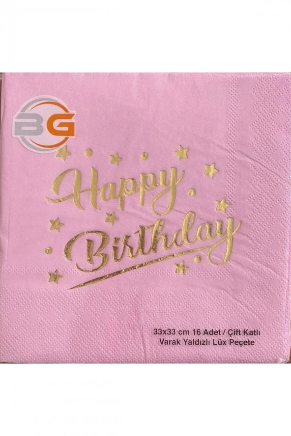 33x33 Cm Happy Birthday Gold Yazılı Pembe Kağıt Peçete Varaklı