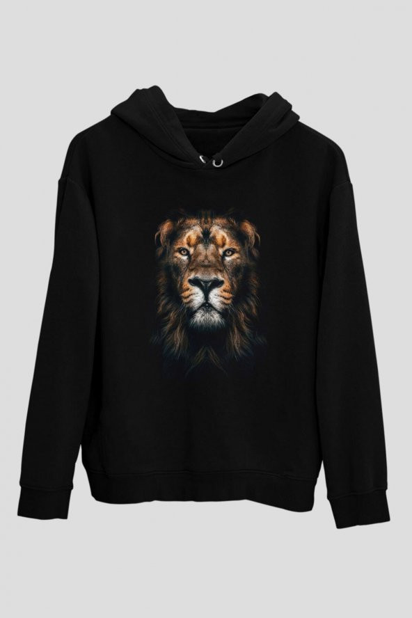 Aslan Baskılı Unisex Siyah Hoodie - 1