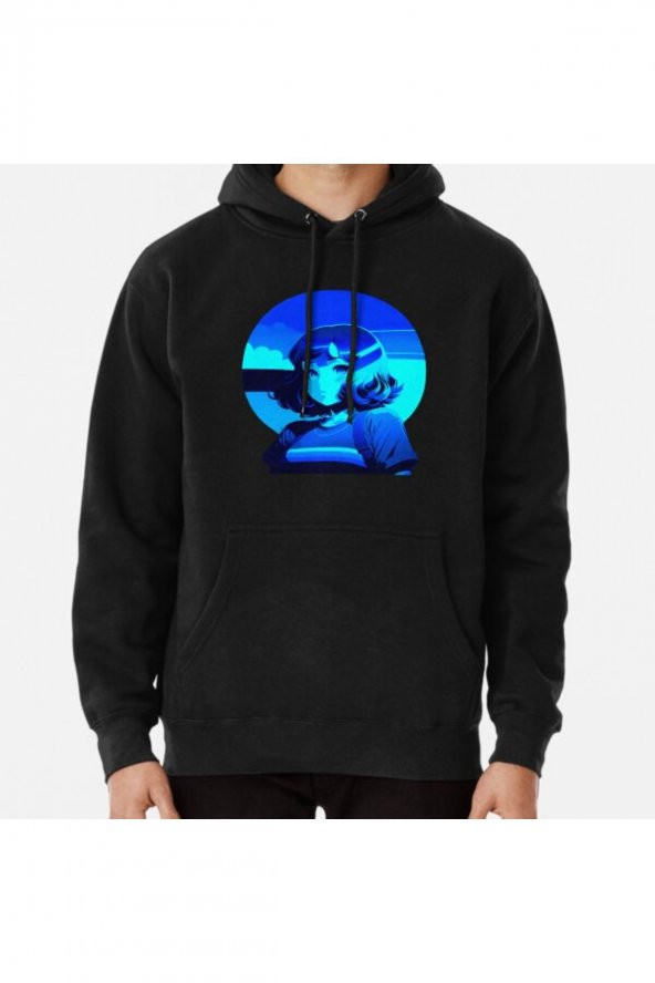 Blue Retro Sunset Anime Girl with blue hair vintage 80s Baskılı Kapşonlu Sweatshirt Hoodie - 1