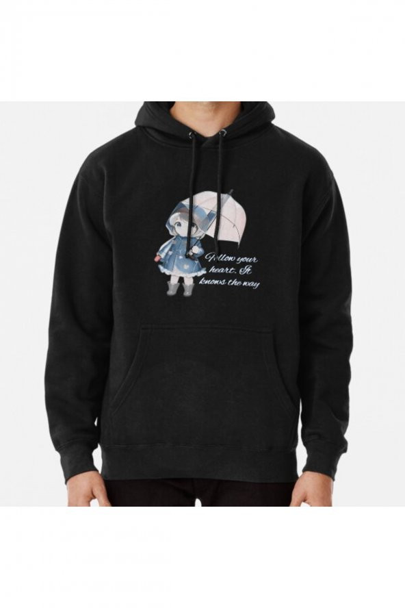 Anime girl with umbrella Quote Follow your heart it knows the way sketching Baskılı Hoodie