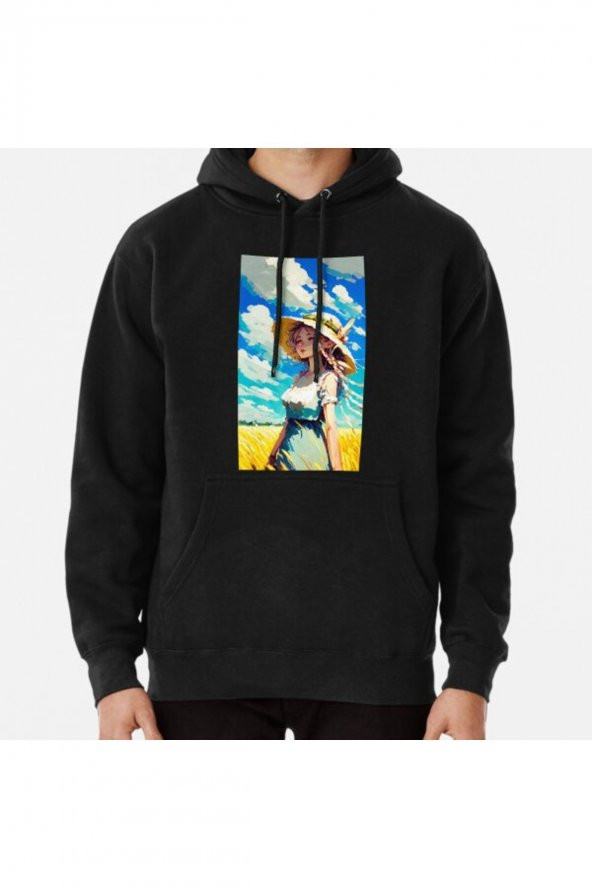 Anime Girl with a straw-hat acrylic painting #3 Baskılı Kapşonlu Sweatshirt Hoodie
