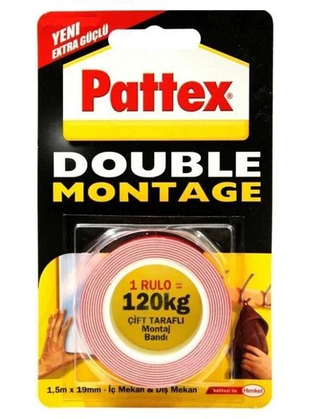 PATTEX ÇİFT TARAFLI-DOUBLE MONTAJ BANDI 1.5 MT X 19 MM 1 RULO = 120 KG ürün görseli
