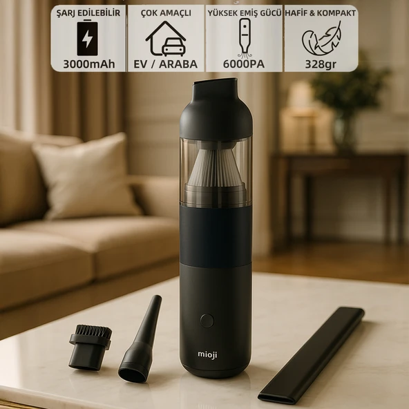Mioji Mio 3 3000mAh Vacuum Cleaner 6000Pa Taşınabilir Araç ve Ev Mini Şarjlı Süpürge - Siyah