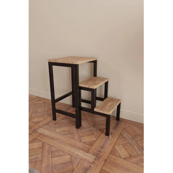 Katlanabillir Metal Ahşap Basamaklı Tabure Merdiven Çiçeklik Çok Amaçlı Tabure Siyah Demirli - 3