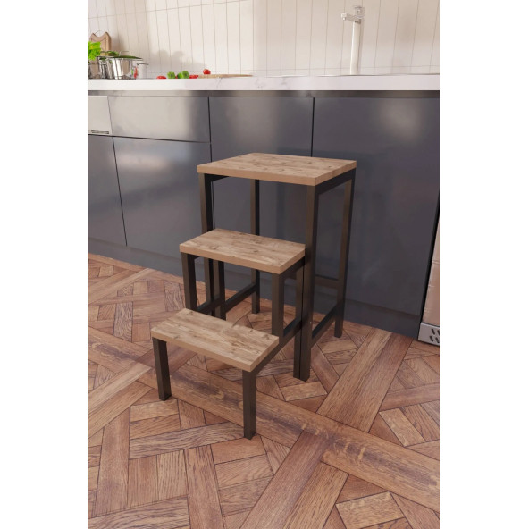 Katlanabillir Metal Ahşap Basamaklı Tabure Merdiven Çiçeklik Çok Amaçlı Tabure Siyah Demirli - 5