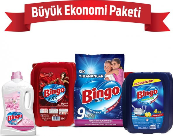 Bingo "Büyük Ekonomi Paketi  9 kg Toz Çamaşır Deterjanı Sık Yıkananlar +Çamaşır Yumuşatıcısı 5 L Lo