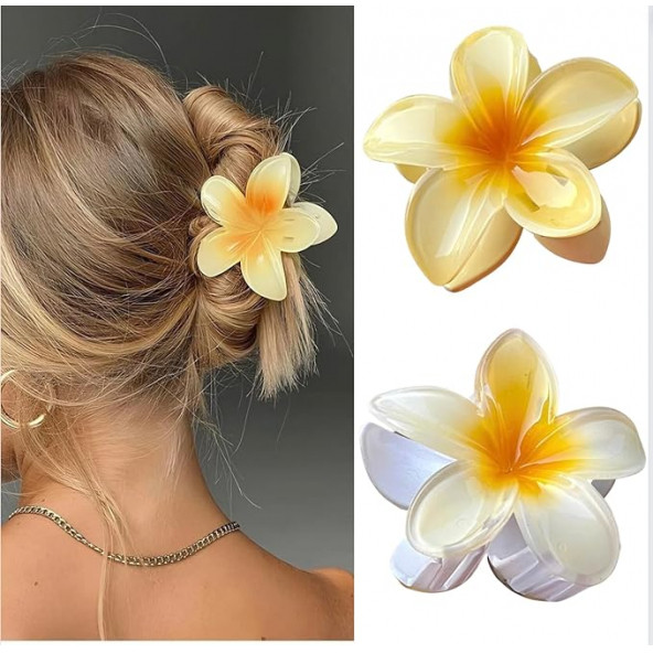 2'li Kadın Lotus Saç Tokası 8cm ( Beyaz - Sarı) - 2