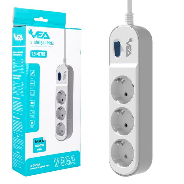 Vea VE-VEGA103 A Class 3'Lü Anahtarlı 1.5 Metre Akım Korumalı Priz - 4