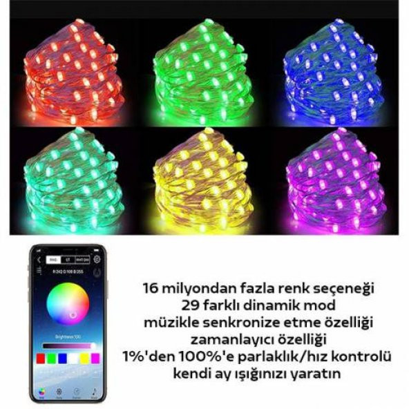Polham 10 Metre Bluetooth Bağlantılı Telefon İle Kontrol Edilebilen Led Lamba, RGB Işıklı SÜS Lamba - 5