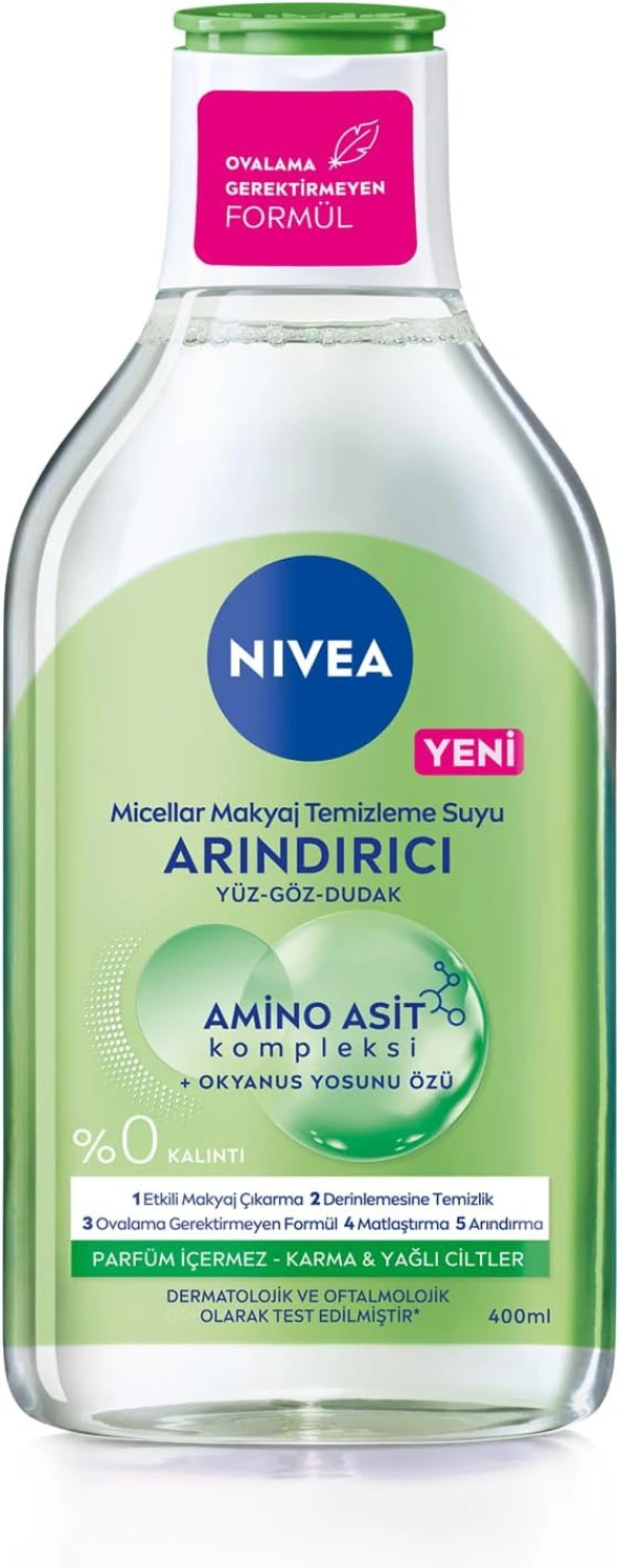 Nıvea Micellar Makyaj Temizleme Suyu Arındırıcı ve Matlaştırıcı 400 ml, Yüz, Göz ve Dudak Temizleyic
