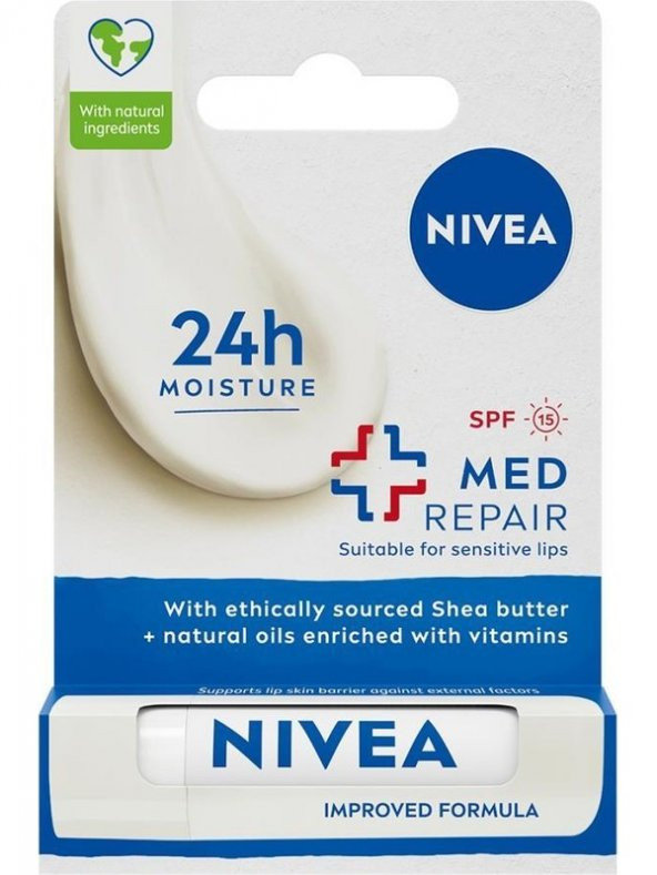 Nivea Dudak Bakım Kremi Med Repair, 24 Saat Nem, Doğal Yağlar İle Çatlamış Dudak Bakımı, SPF15 4,8 gr