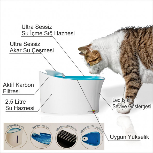 Süper Sessiz Motorlu Akar Sulu Kedi Köpek Kuş Su İçme Kabı Haznesi Çeşmesi Şelalesi Çeşmesi Musluğu - 3