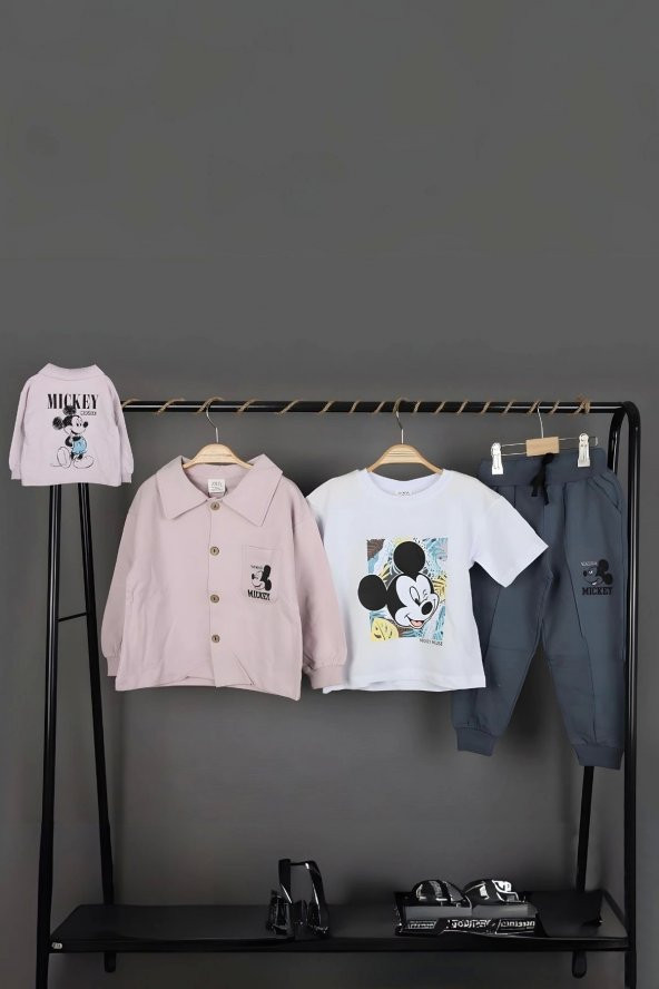 Erkek Çocuk Mickey Mouse Baskılı Gömlek Ceket T-shirt ve Eşofman 3 Parça Mevsimlik Takım