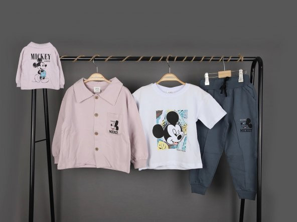 Erkek Çocuk Mickey Mouse Baskılı Gömlek Ceket T-shirt ve Eşofman 3 Parça Mevsimlik Takım - 2