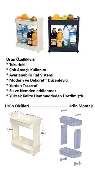 Motek Çok Amaçlı Tekerlekli Banyo Rafı Mutfak Rafı Organizer MR02 - 5