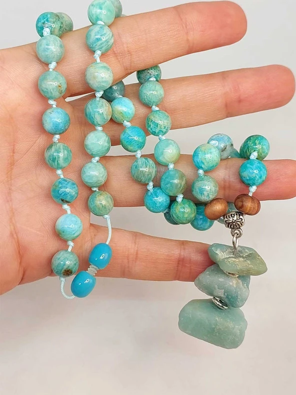 Amazonit Taşı Royal Düğümlü Unisex Tasarım Kolye 8mm (45030) - Resim 2