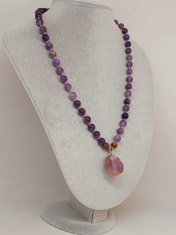 Ametist Taşı Düğümlü Unisex Tasarım Kolye 8mm (45055) - Resim 5