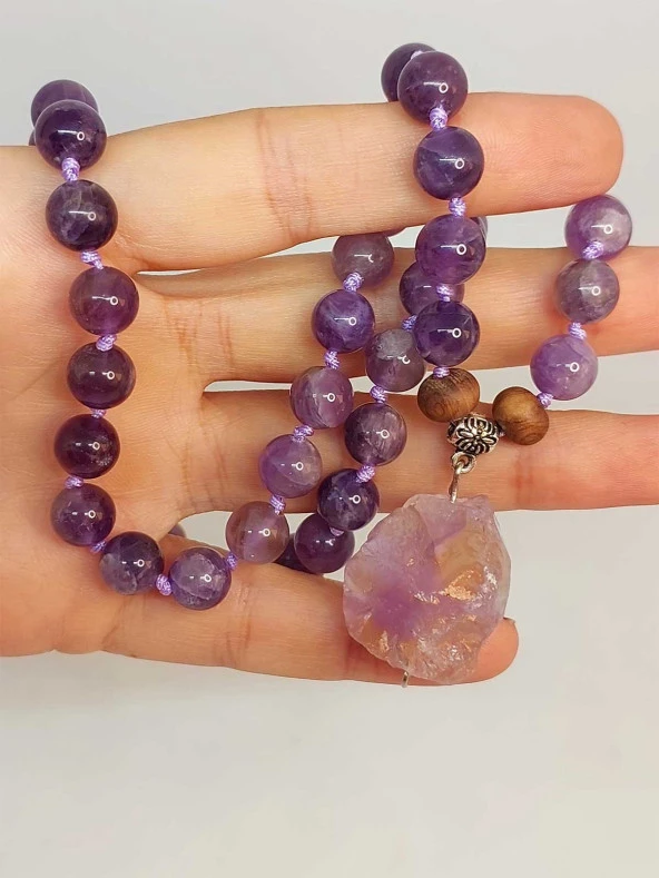 Ametist Taşı Düğümlü Unisex Tasarım Kolye 8mm (45055) - Resim 3