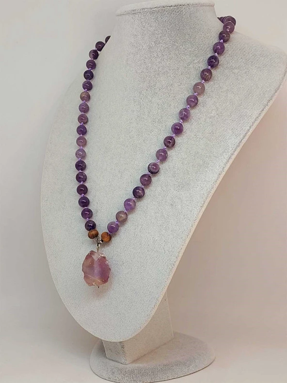 Ametist Taşı Düğümlü Unisex Tasarım Kolye 8mm (45055) - Resim 4