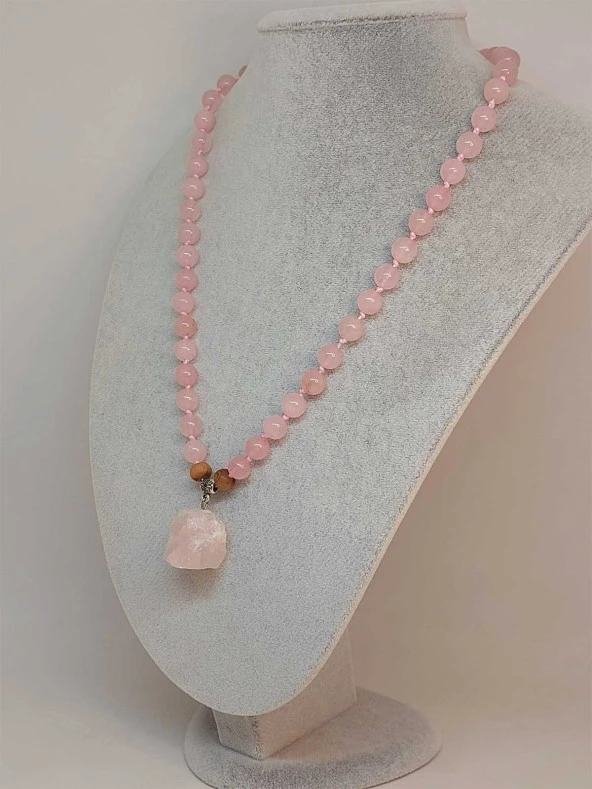 Pembe Kuvars Taşı Düğümlü Unisex Tasarım Kolye 8mm (45065) - Resim 5