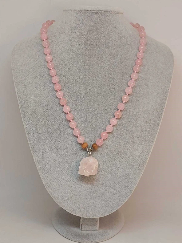 Pembe Kuvars Taşı Düğümlü Unisex Tasarım Kolye 8mm (45065) - Resim 2