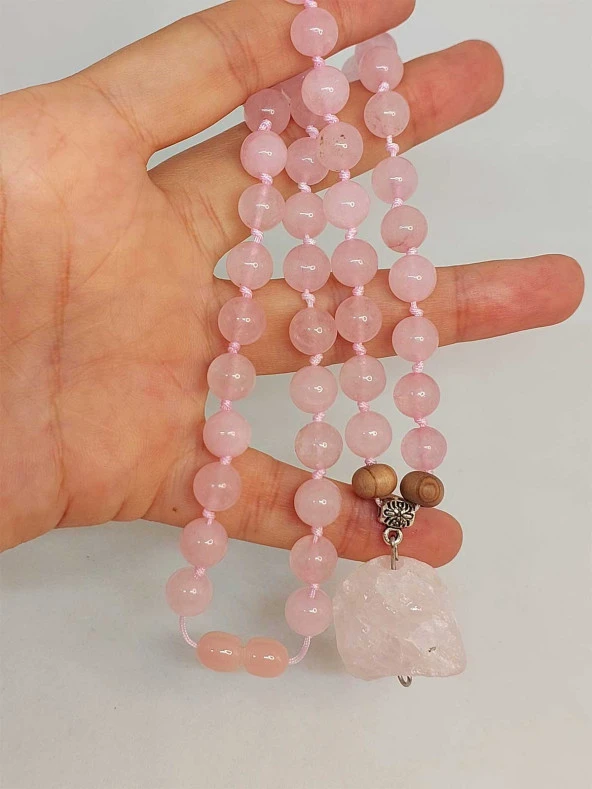 Pembe Kuvars Taşı Düğümlü Unisex Tasarım Kolye 8mm (45065) - Resim 3