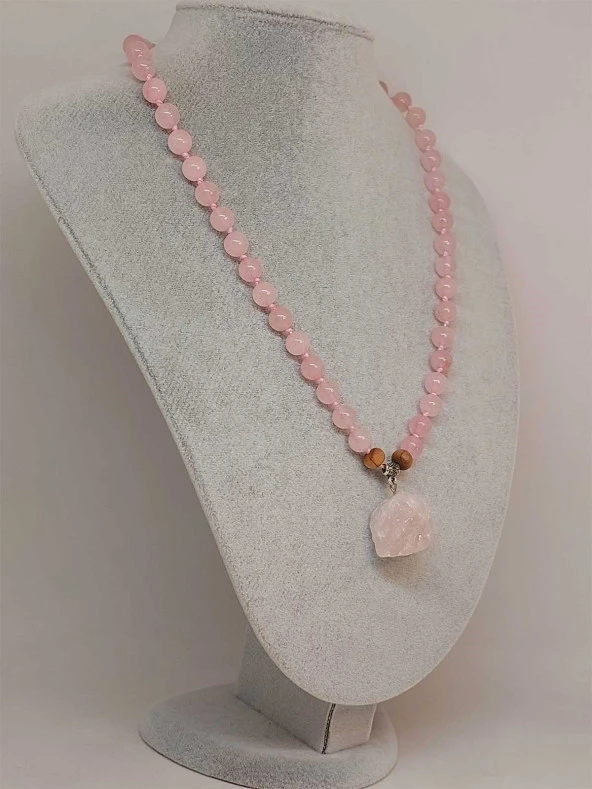 Pembe Kuvars Taşı Düğümlü Unisex Tasarım Kolye 8mm (45065) - Resim 4