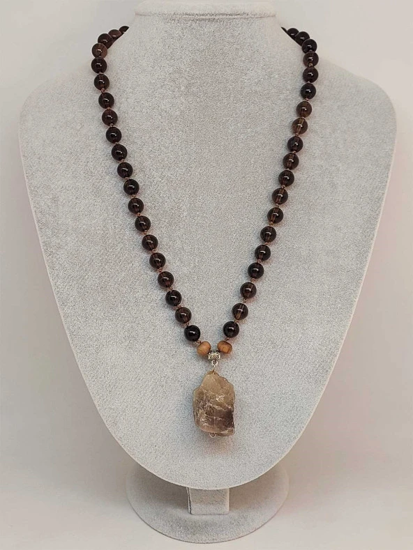 Dumanlı Kuvars Taşı Düğümlü Unisex Tasarım Kolye 8mm (45070) - Resim 2