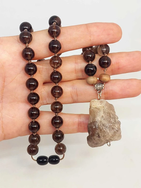 Dumanlı Kuvars Taşı Düğümlü Unisex Tasarım Kolye 8mm (45070) - Resim 3