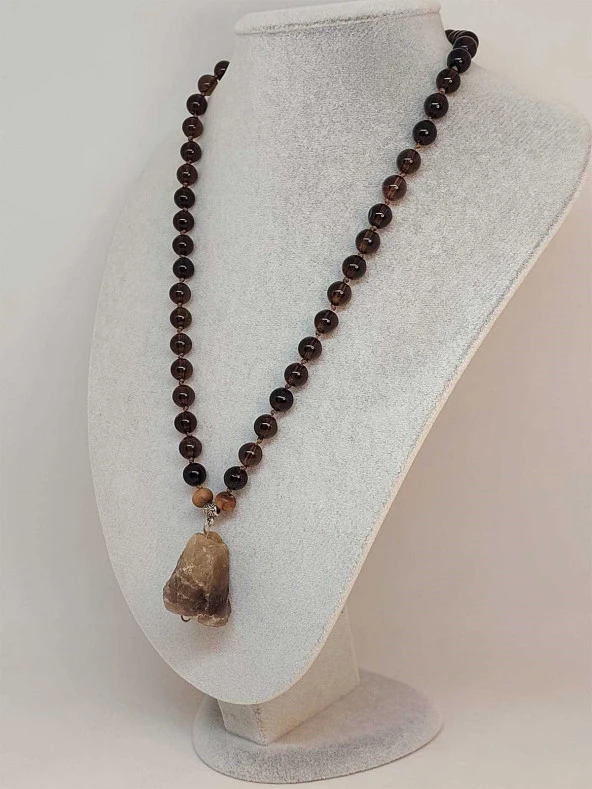 Dumanlı Kuvars Taşı Düğümlü Unisex Tasarım Kolye 8mm (45070) - Resim 4