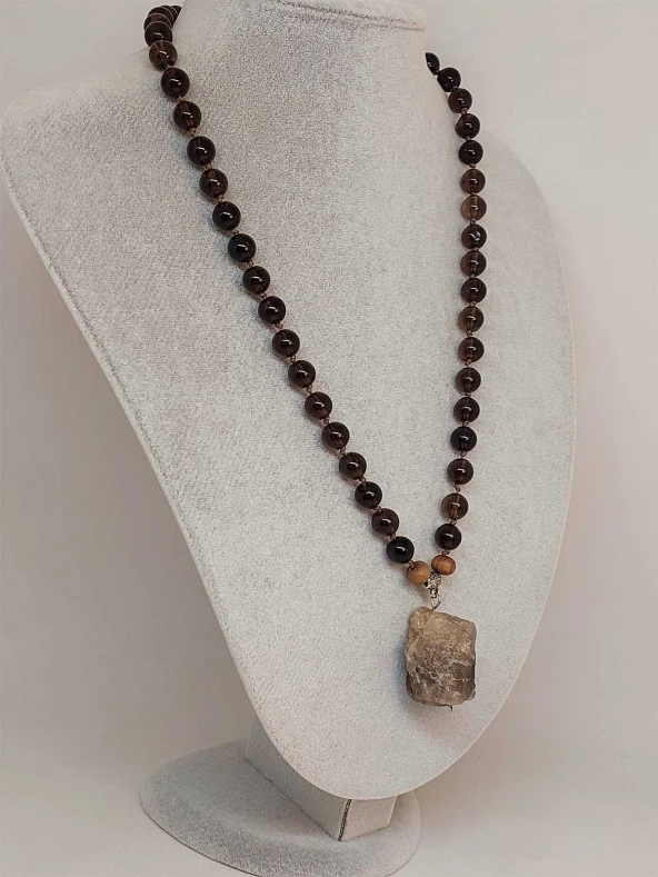 Dumanlı Kuvars Taşı Düğümlü Unisex Tasarım Kolye 8mm (45070) - Resim 5