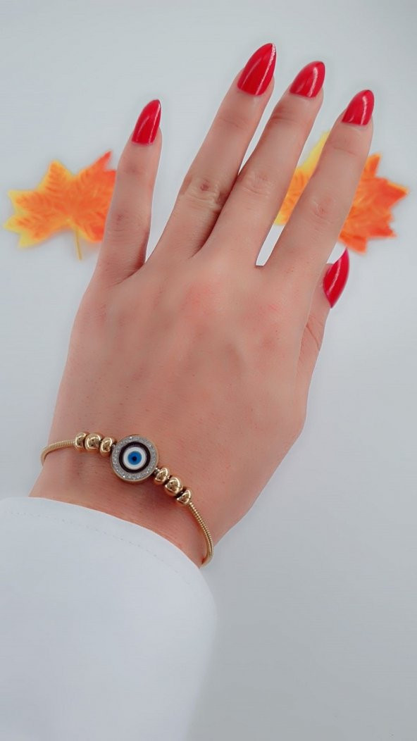 Kadın Charm Nazarlı  Taşlı Çelik Bileklik Altın Kaplama Gold Renk - 2