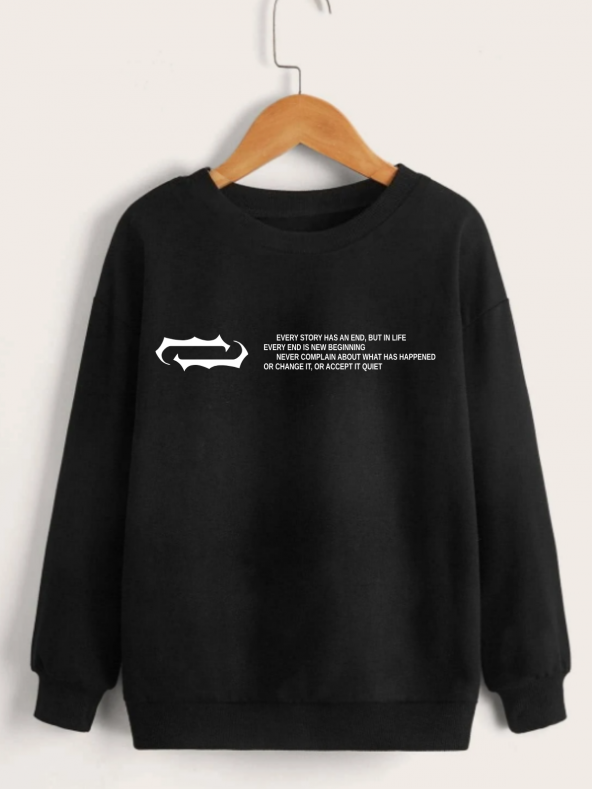 Çocuk Unisex Bisiklet Yaka Baskılı Pamuklu Sweatshirt - Siyah