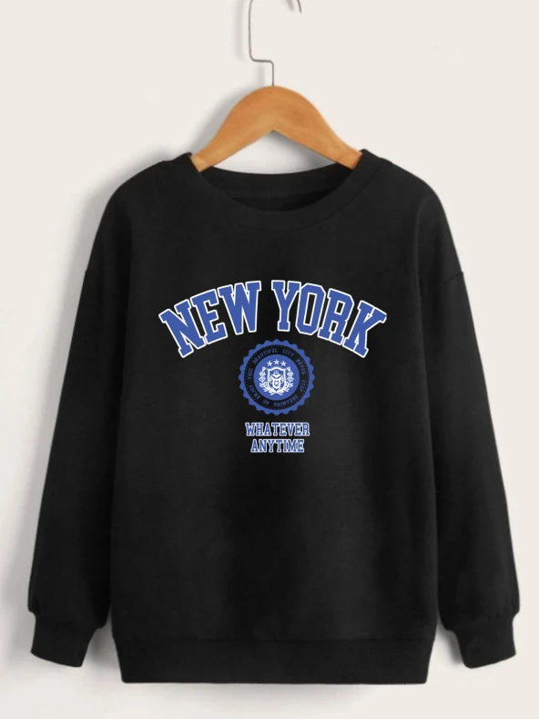 Çocuk Unisex Bisiklet Yaka New York Baskılı Sweatshirt - Siyah