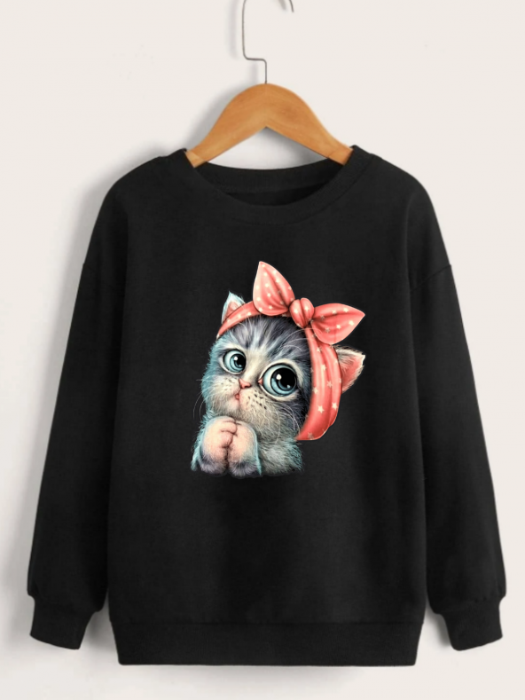 Çocuk Unisex Bisiklet Yaka Tatlı Kedi Baskılı Sweatshirt - Siyah