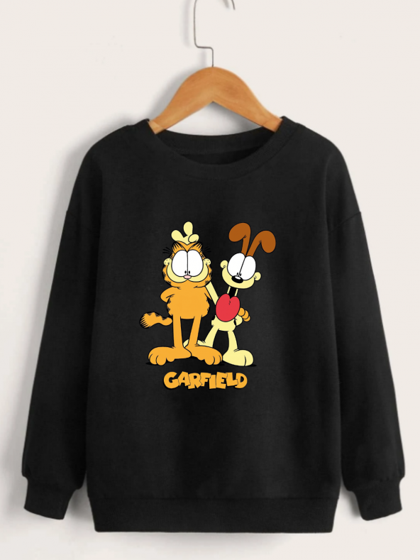 Çocuk Unisex Bisiklet Yaka Garfield Baskılı Sweatshirt - Siyah