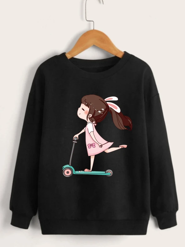 Çocuk Unisex Bisiklet Yaka Scooter Baskılı Sweatshirt - Siyah