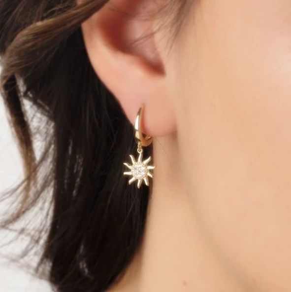 Sallantılı Altın Güneş Küpe 14K Gold - Resim 2