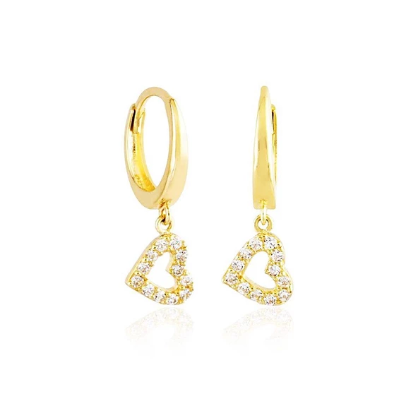 Sallantılı Altın Kalp Küpe 14K Gold