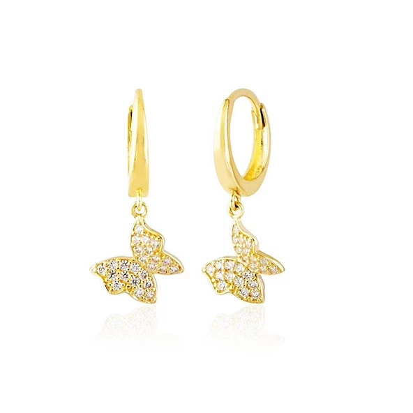 Kelebek Altın Sallantılı Küpe 14K Gold Taşlı