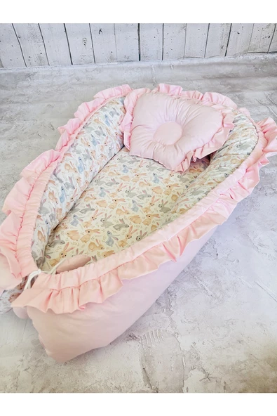 Baby Nest Tavşanlar Fırfırlı Ortopedik Çift Taraflı Bebek Yatağı Anne Yanı Bebek Yatağı - 3