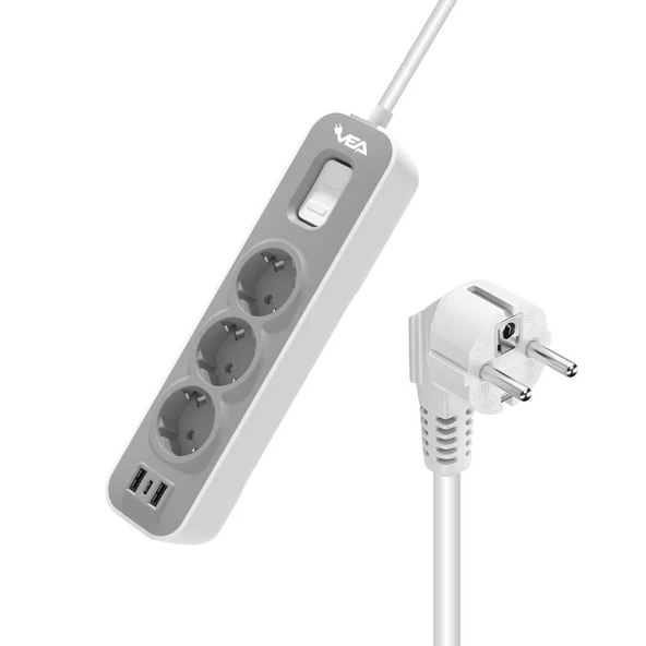 Vea VE-NOVA103U A Class 3'lü Anahtarlı 1.5 Metre Grup Priz Uzatma Kablosu 2 Usb Akım Korumalı Priz 4000 Watt 16 Amper - 5