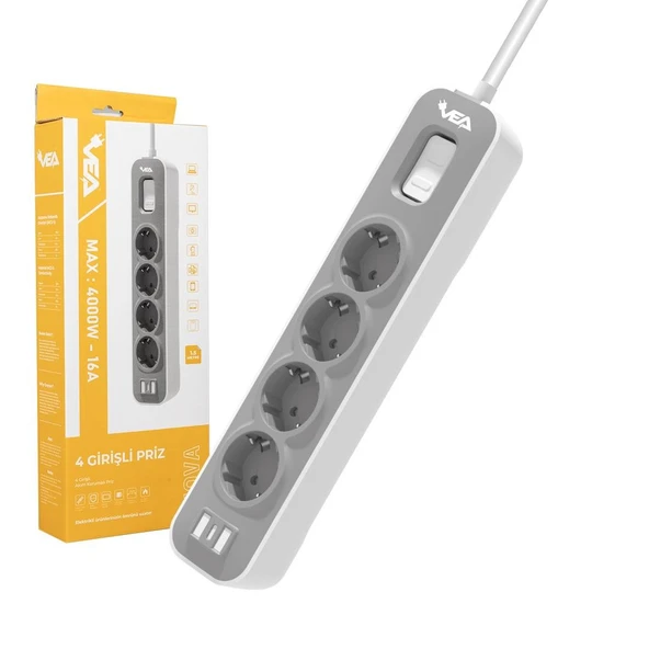 Vea VE-NOVA104 A Class 4 lü Anahtarlı 1.5 Metre Grup Priz Akım Korumalı Priz 4000 Watt 16 Amper Uzatma Kablosu - 8