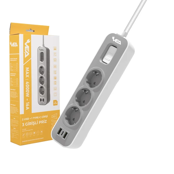 Vea VE-NOVA103U A Class 3'lü Anahtarlı 1.5 Metre Grup Priz Uzatma Kablosu 2 Usb Akım Korumalı Priz 4000 Watt 16 Amper - 4
