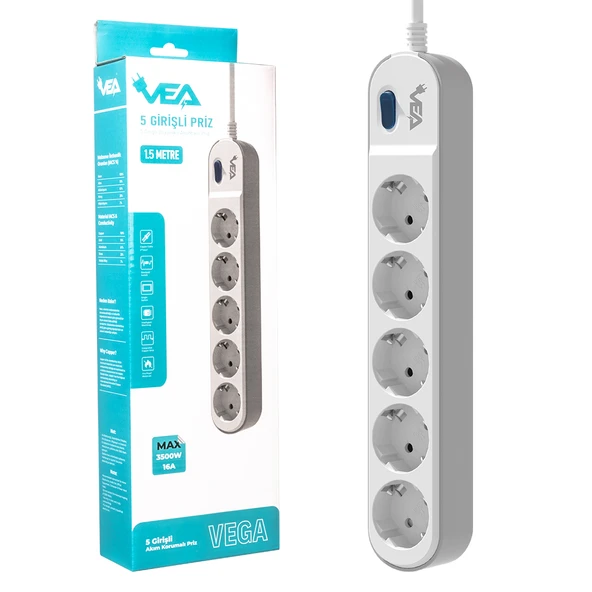 Vea VE-VEGA105 Grup Priz Uzatma 5 Li Priz 1.5 Metre 3500 Watt 16 Amper Isıya Dayanıklı Akım Korumalı Priz - 4