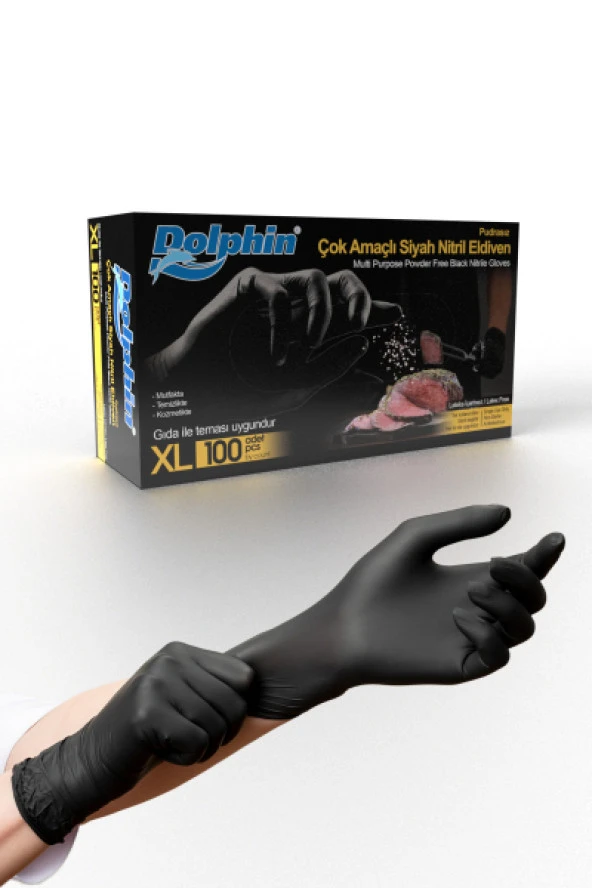 Dolphin Çok Amaçlı Siyah Nitril Eldiven (XL) 100lü (Gıdaya Uygun)