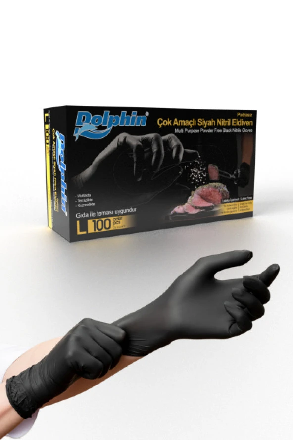 Dolphin Çok Amaçlı Siyah Nitril Eldiven (L) 100lü (Gıdaya Uygun)
